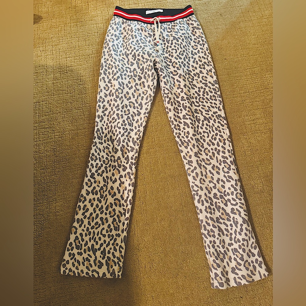 NBW Sol Angeles Fleece Pants Womens Size S Leopard Print Sweatpants Drawstrings